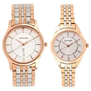 Titan Quartz Analog with Day and Date Silver Dial Stainless Steel Strap Watch for Couple