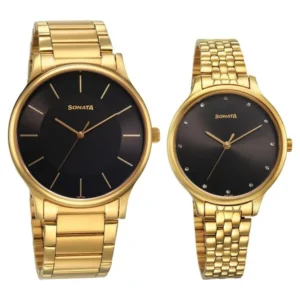 Sonata Pair Quartz Analog Black Dial Stainless Steel Strap Watch for Couple