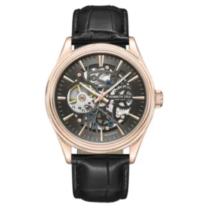 Kenneth Cole Mechanical Hand Wound Analog Mechanical Grey Dial With Black Leather Strap Watch For Men